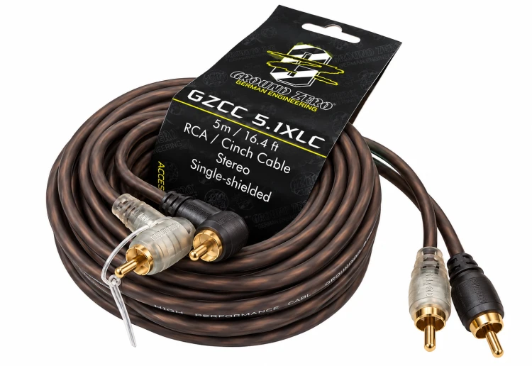 Brązowy kabel RCA Ground Zero z etykietą.png