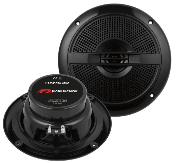 Renegade RXM62B 165 mm 3 Ohm 200W współosiowe głośniki samochodowe z maskownicami do szybkiej modernizacji systemu audio.