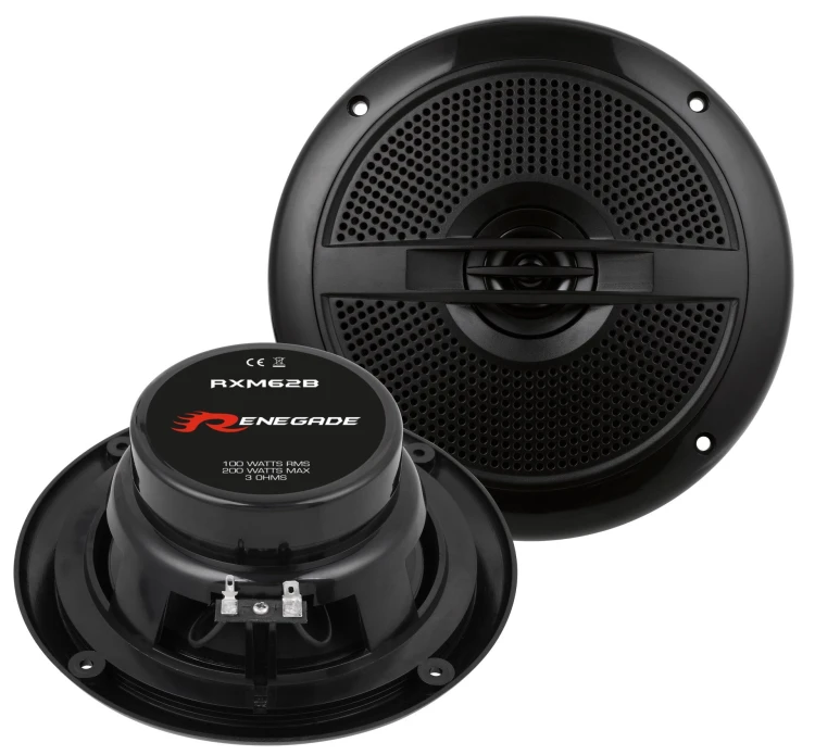 Renegade RXM62B 165 mm 3 Ohm 200W współosiowe głośniki samochodowe z maskownicami do szybkiej modernizacji systemu audio.