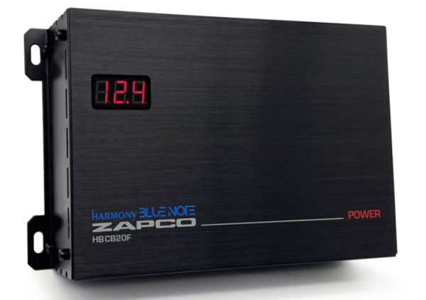 Zapco HB CB20F 20F kondensator car audio 12V z wyświetlaczem LCD do stabilizacji napięcia i poprawy basu w systemie audio.