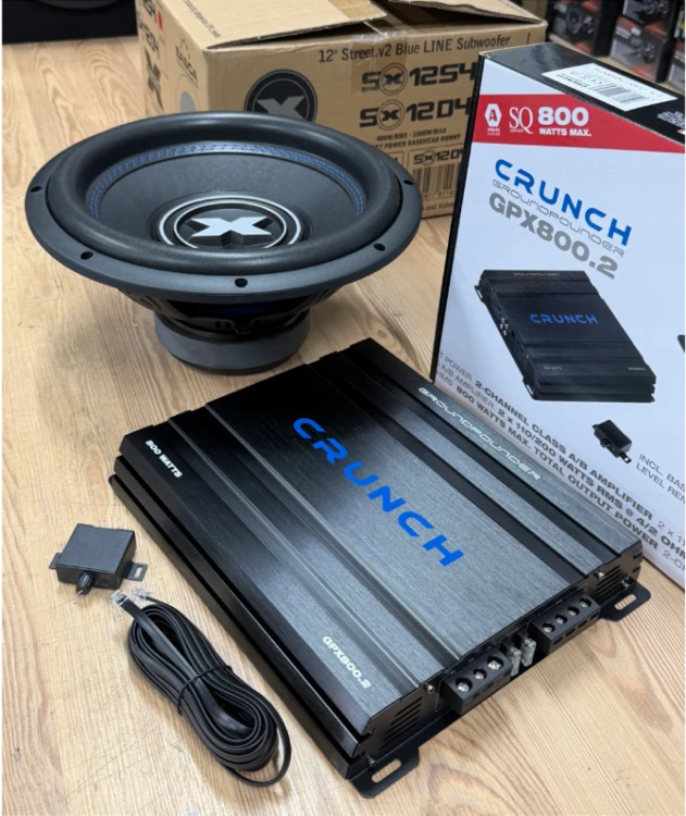Excursion SX.v2-10S4 z Crunch GPX800.2 to zestaw car audio 25 cm, zapewniający mocny i kontrolowany bas w samochodzie.