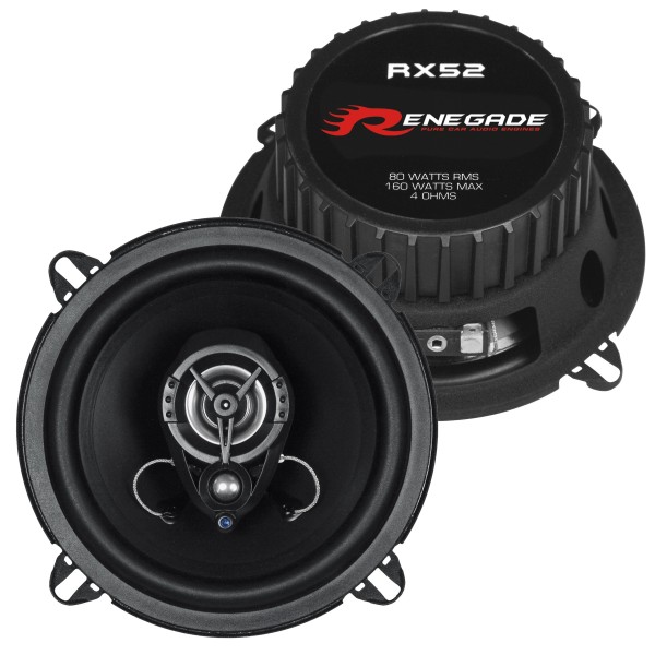 Renegade RX52 130 mm 4Ohm 160W współosiowe głośniki samochodowe z maskownicami do budżetowej modernizacji audio.