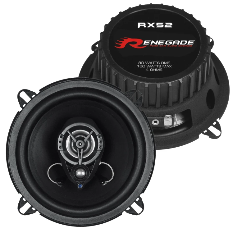 Renegade RX52 130 mm 4Ohm 160W współosiowe głośniki samochodowe z maskownicami do budżetowej modernizacji audio.