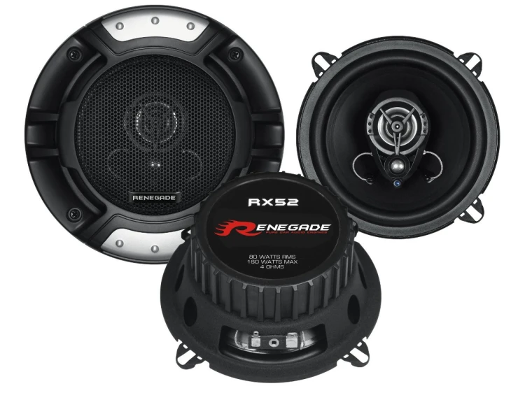 Renegade RX52 130 mm 4Ohm 160W współosiowe głośniki samochodowe z maskownicami do budżetowej modernizacji audio.