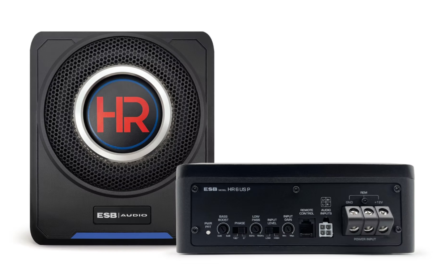 Kompaktowy aktywny subwoofer ESB HR 6 US P 500W pod fotel z pilotem, idealny do szybkiej rozbudowy systemu car audio.