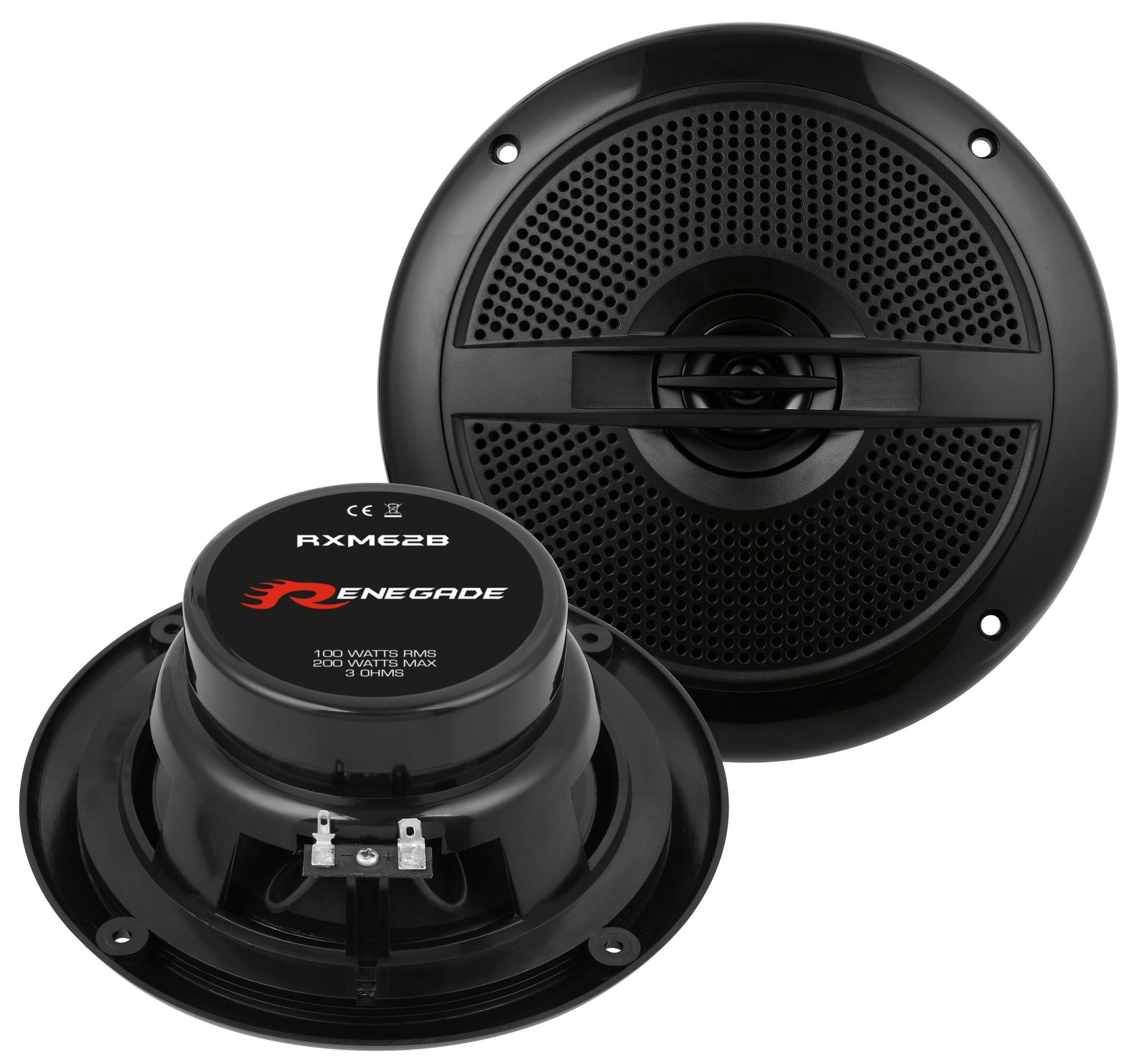 Renegade RXM62B 165 mm 3 Ohm 200W współosiowe głośniki samochodowe z maskownicami do szybkiej modernizacji systemu audio.