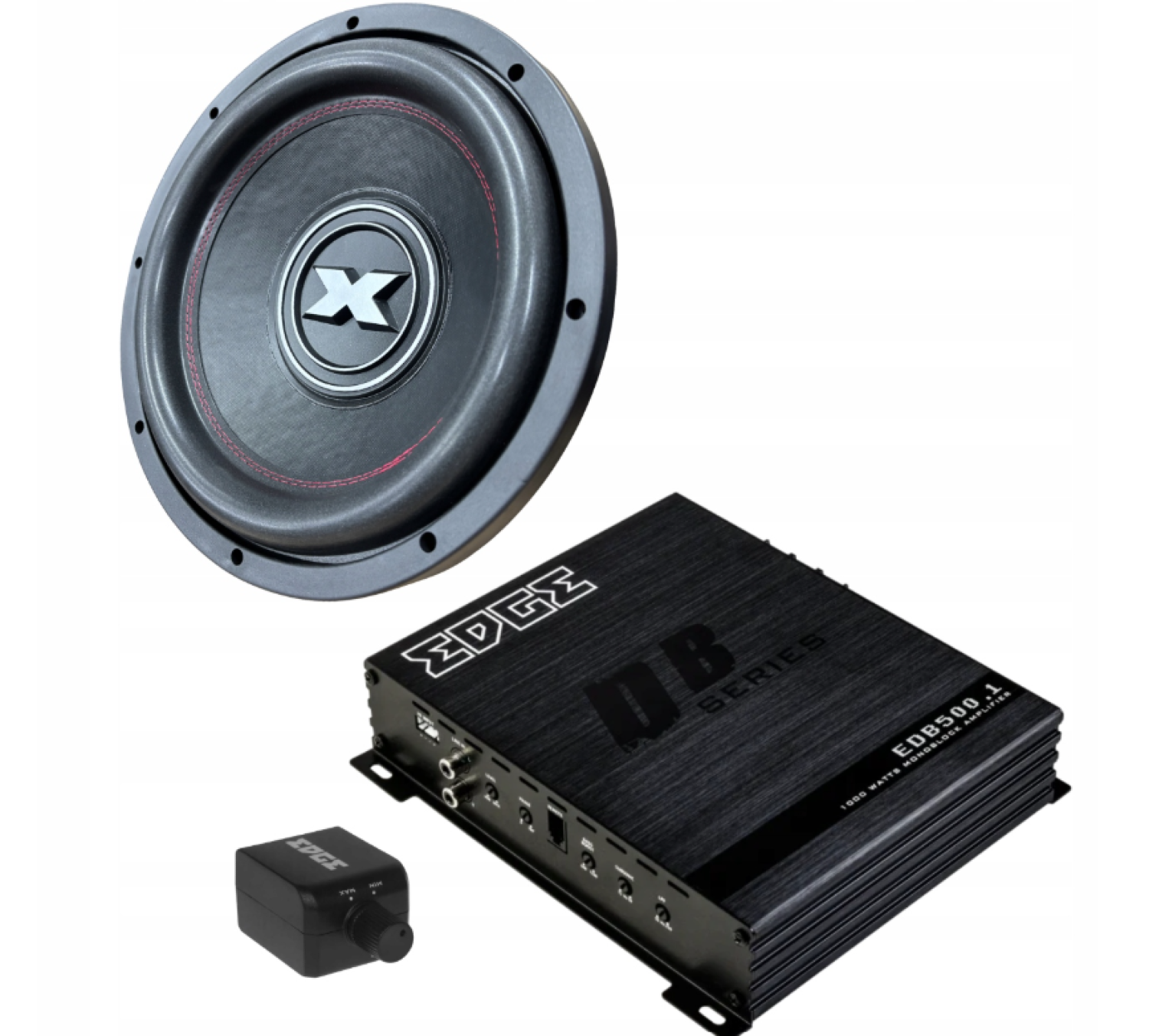 EDGE EDB500.1-E9 z Excursion SHX.v2-12D2 to zestaw subwooferowy 12 cali 400W RMS SQ/SPL z wzmacniaczem klasy D 500W RMS, zapewniający mocny i kontrolowany bas do instalacji car audio w obudowie sealed lub bass reflex.